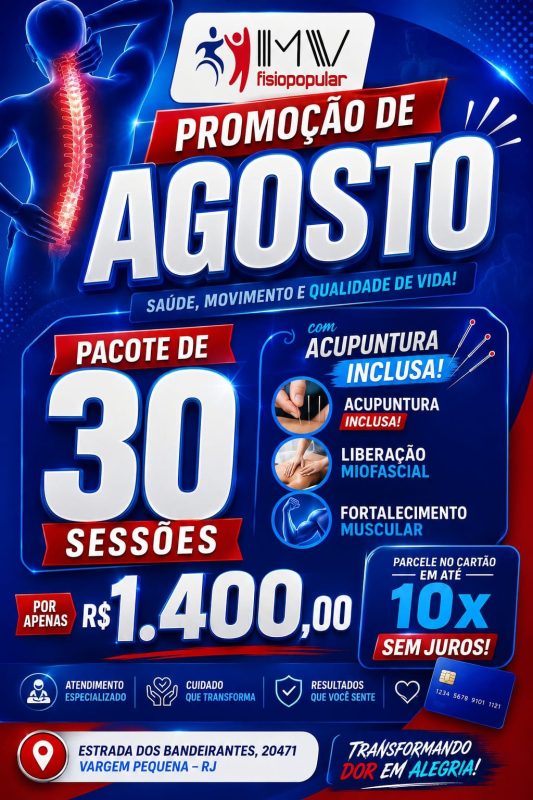 Promoção de agosto da MV Fisio com pacote de 30 sessões